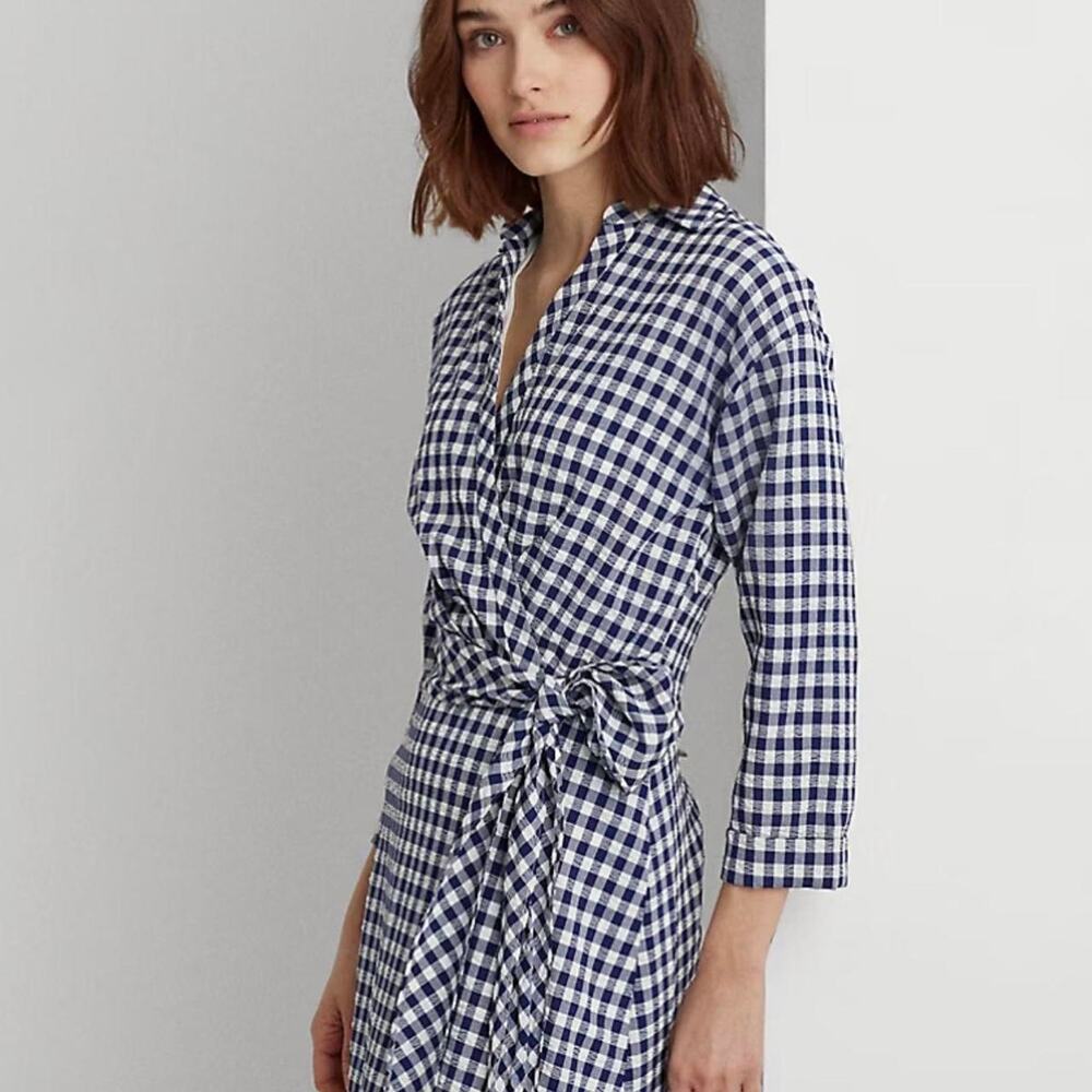 Ralph Lauren blue and white gingham elbow sleeve midi dress. Size 6